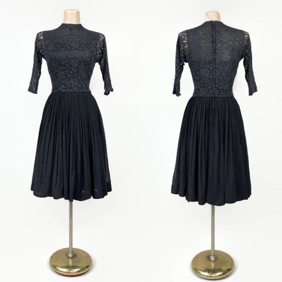 Vintage Dresses & Skirts - VINTAGE 50s 60s Black Sheer Lace and Chiffon Taffeta Party Dress VFG